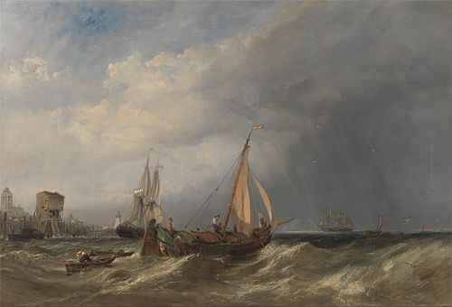 A Dutch Barge and Merchantmen Running out of Rotterdam, 1856, Clarkson Frederick Stanfield