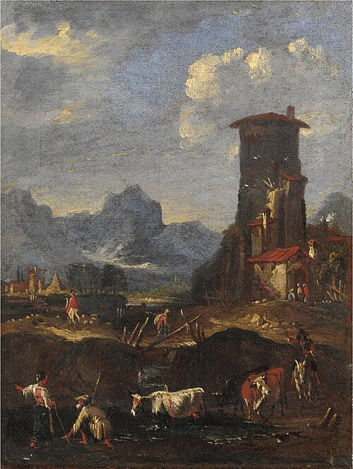Landscape with farmers and animals, a village on the right, 1701, Ernest Daret
