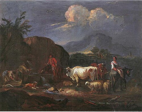 Italianate landscape with shepherds, wash women and herd, 1694, Ernest Daret