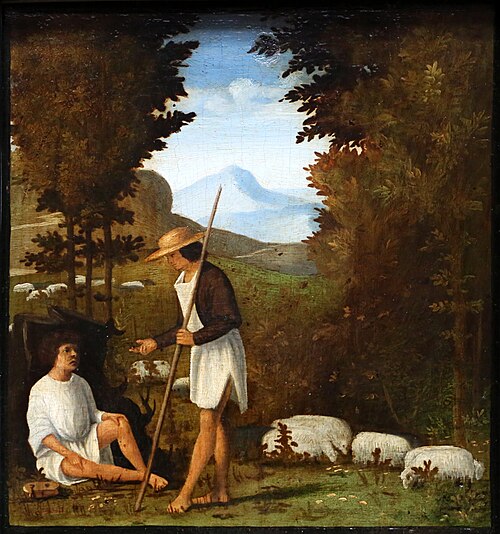 scene dalle ecloghe di tebaldeo, la storia di damone, pastore thyrsi, 1510, Andrea Previtali