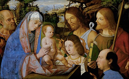 Hl. Familie mit Johannes dem Täufer, Jakobus dem Älterem und zwei Stiftern, 1508, Andrea Previtali