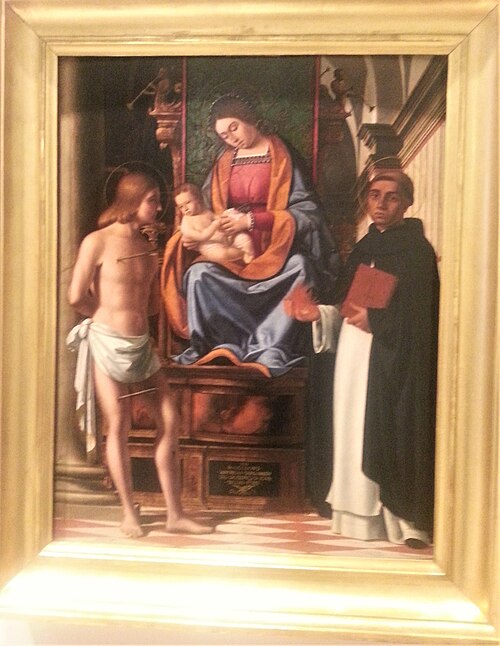 Madonna and Child enthroned between Saints Sebastian and Vincenzo Ferrer, 1506, Andrea Previtali
