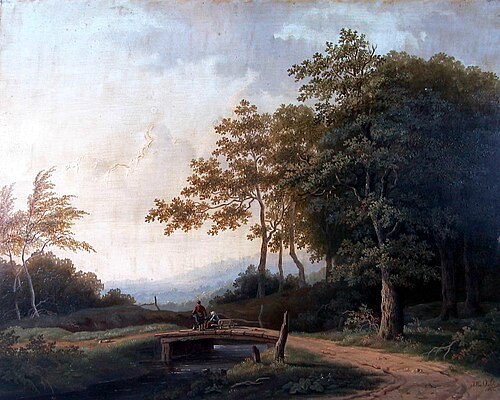 Bosgezicht met twee figuren op bruggetje, 1843, Jan Wessel van Delden