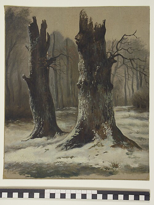 Wintergezicht met twee staande boomstronken en daarachter een bosrand, 1824, Jan Wessel van Delden