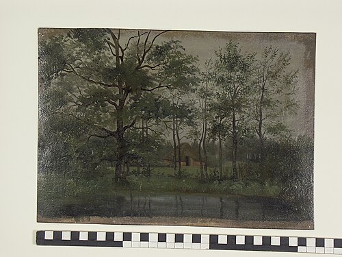 Landschap met boerderij omringd door bomen met op de voorgrond een vijver of plas, 1840, Jan Wessel van Delden