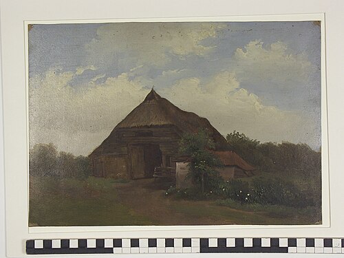 Boeren schuur met op de achtergrond bomen en een wolkenlucht, 1840, Jan Wessel van Delden