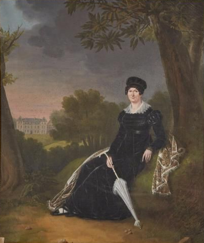 Portrait de la marquise d’Aligre devant le château des Vaux, 1829, Aimée Vachot