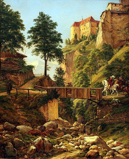 Horsemen in old-fashioned German costumes below castle Tyrol, 1837, Wilhelm von Harnier