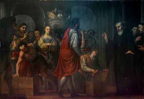 San Agustín recibiendo donaciones de los ricos para entregarlas a los pobres, 1674, José García Hidalgo