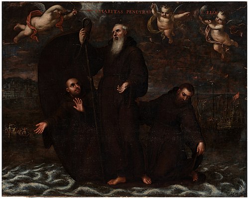 San Francisco de Paula y dos compañeros atraviesan el estrecho de Mesina sobre su manto, 1633, José García Hidalgo