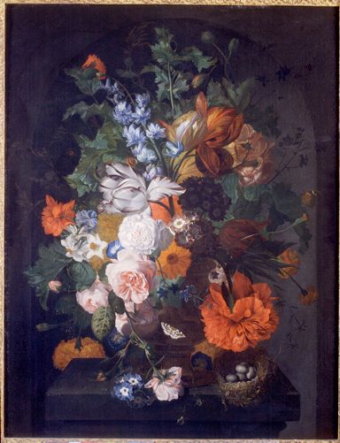 Flowers on a stone ledge with a bird's nest, 1733, Coenraet Roepel