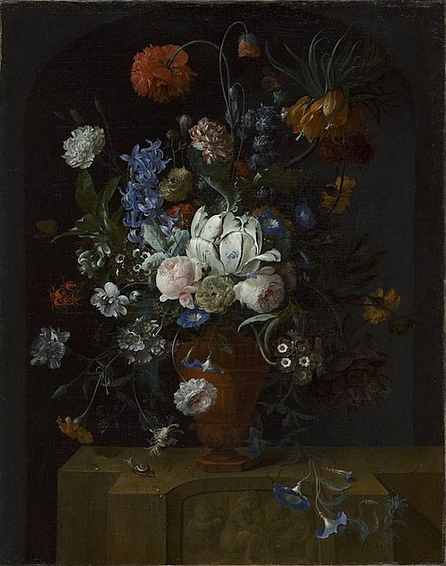 A floral still life in a stone vase on a stone sculpted base, 1715, Coenraet Roepel