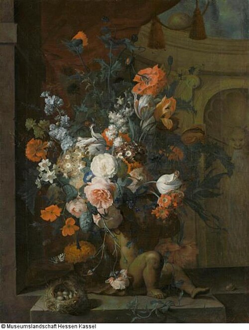 Flower still life with a bird's nest, 1722, Coenraet Roepel