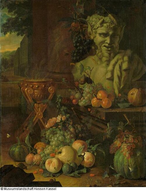 Fruit piece with a satyr bust and a smoke pot, 1723, Coenraet Roepel