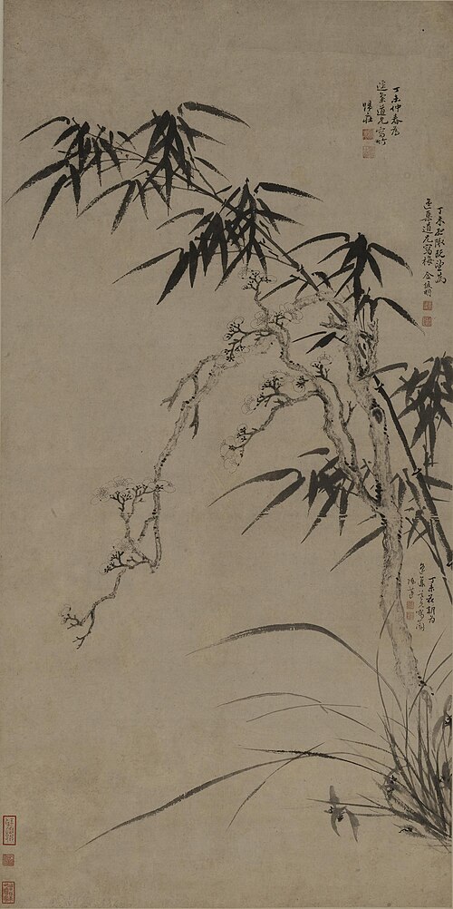 清 金俊明 归荘 陈过合作 三友图轴, 1667, Gui Zhuang