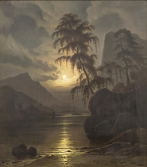 Måneskinnslandskap med sjø og bjerketrær, 1838, Lars Hansen