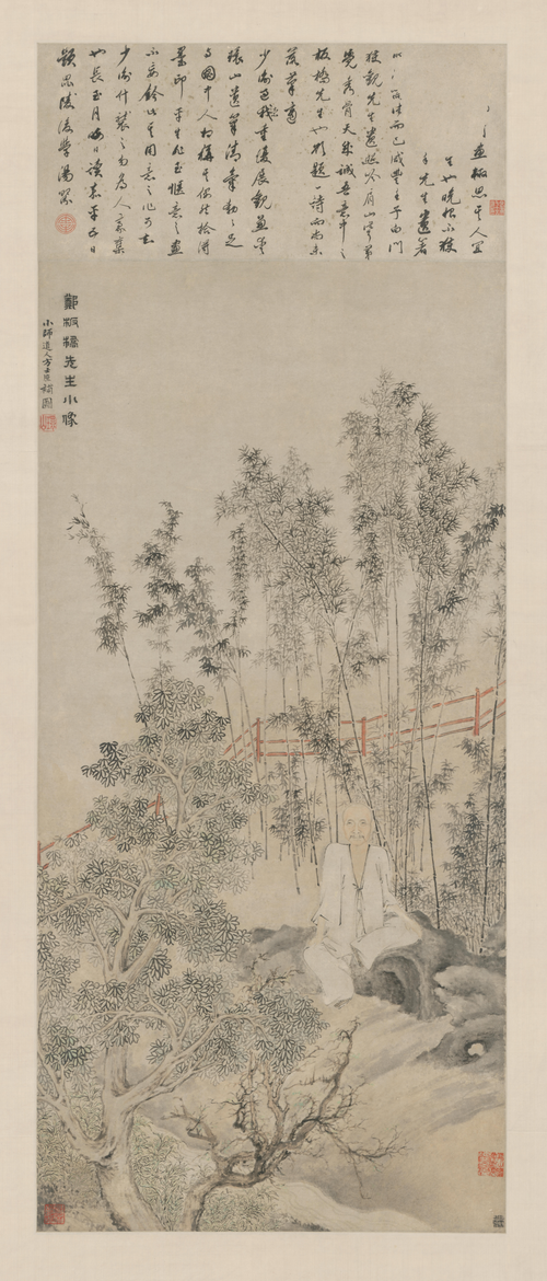清人画郑燮小像方士庶补景轴, , Fang Shishu