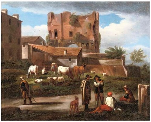 Figures conversing along a path with cattle grazing, the triumphal Arch of Janus Quadrifrons, Rome, , 1718, Norbert van Bloemen