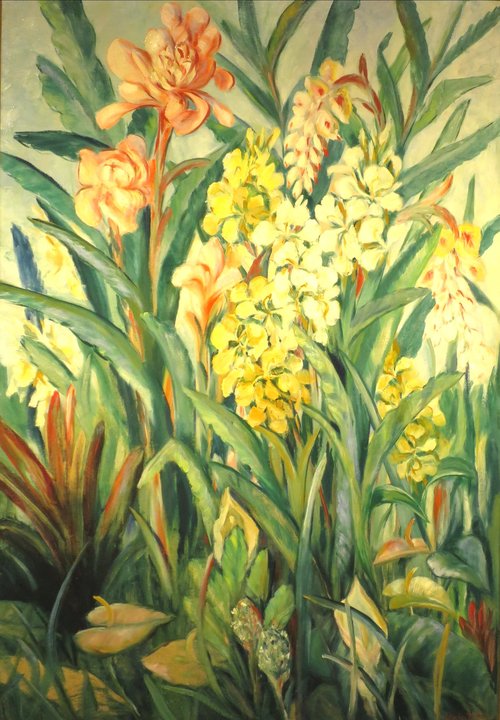 Blooming Flowers--Ginger, Ti Leaf and Anthurium, 1940, Lillie Gay Torrey