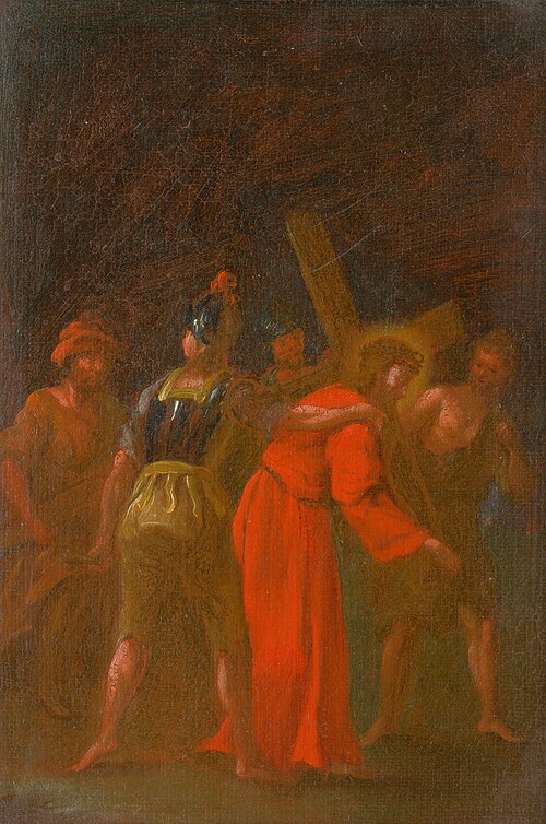 Šimon Cyrenejský pomáha Ježišovi niesť kríž. Štúdia ku Krížovej ceste V., 1770, István Schaller