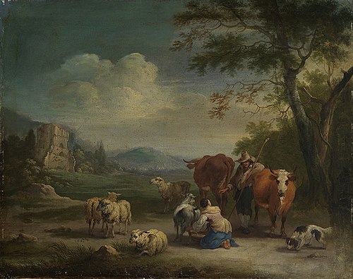 Landscape with shepherd and cowsman, 1672, Pieter Bout