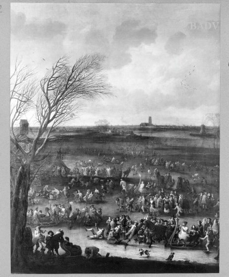 big winterlandscape with scating people, 1675, Pieter Bout