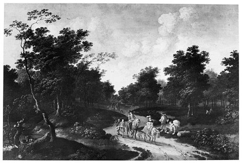 Wooded landscape with hunters on a sandy track, 1660, Pieter Bout