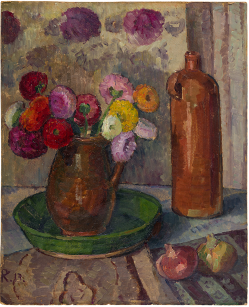 Still Life with Flowers, Onions and Stoneware Jug, 1913, Pauline Kowarzik