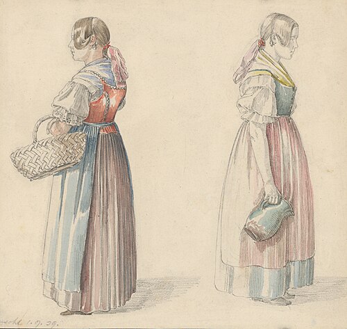 Štúdia dvoch žien s krčahom a košíkom, 1839, Károly Lajos Libay