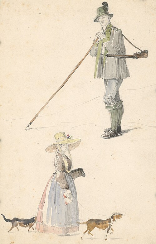 Štúdia poľovníka a ženy so psami, 1841, Károly Lajos Libay