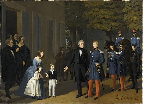 Le duc d’Aumale et sa suite rendant visite à Ange-Henri de La Sizeranne, sénateur, devant la façade , 1841, Paul Boulat