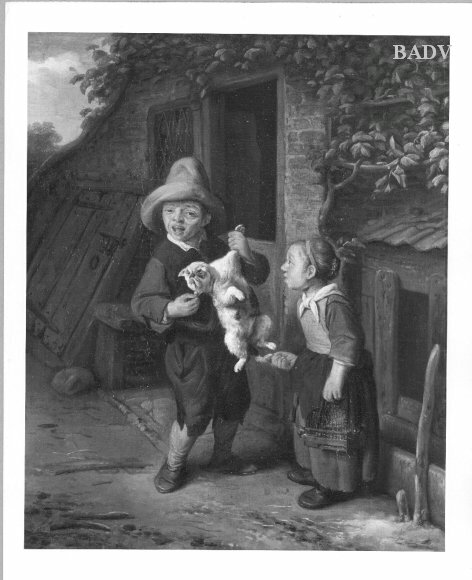 teasing the cat, 1682, Cornelis Dusart
