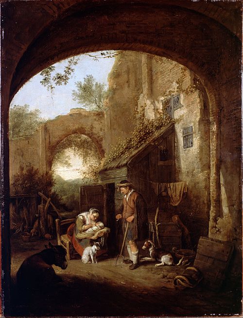 Figures in the Courtyard of an Old Building, 1682, Cornelis Dusart