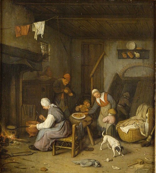 Interieur met pannenkoekbakkende vrouw, , Cornelis Dusart