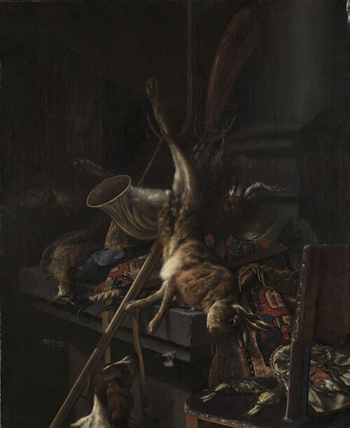 Hunting still life with a dead hare, 1663, Cornelis Lelienbergh