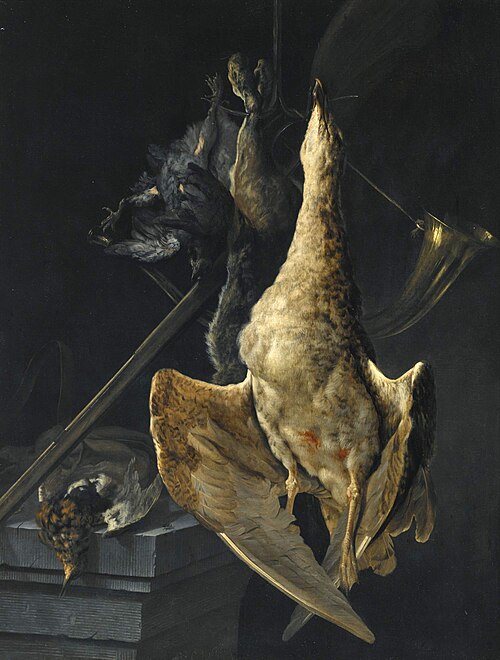Hunting still life with a goose, a hare, a hunting horn, a shotgun and other game, 1656, Cornelis Lelienbergh