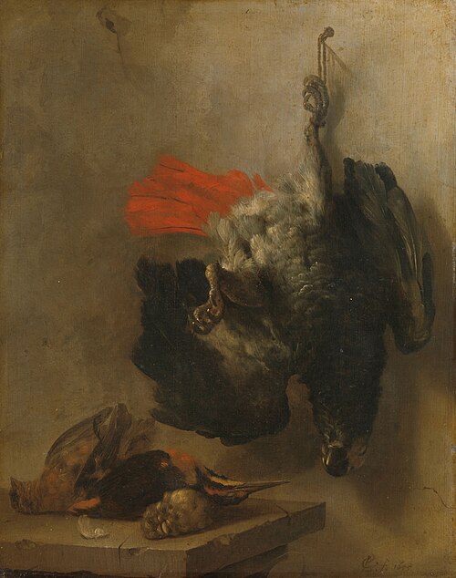 Still life with parrot and snipes, 1655, Cornelis Lelienbergh