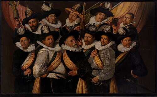 De officieren van de vier Goudse schuttersvendels onder leiding van kolonel Jan van Reijnegom., 1599, Cornelis Ketel
