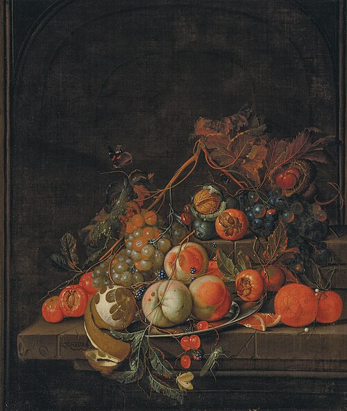 Peaches, grapes, oranges, a partially peeled lemon, medlars and other fruit, , Cornelis de Heem