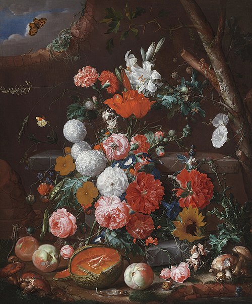 A Still Life of Flowers and Fruit arranged on a Stone Plinth in a Garden, 1685, Cornelis de Heem