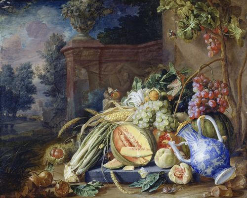 Still Life with Vegetables and Fruit before a Garden Balustrade, 1658, Cornelis de Heem