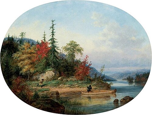 Indian Canoeist and Hunter in an Autumn Landscape, 1858, Cornelius Krieghoff