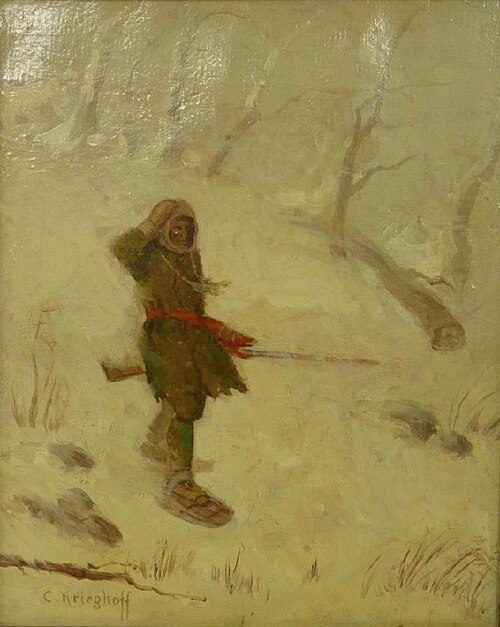 A man holding a rifle waking in a snowstorm, , Cornelius Krieghoff