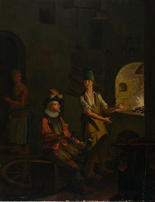 A soldier drinking in a forge, 1667, Wolfgang Heimbach