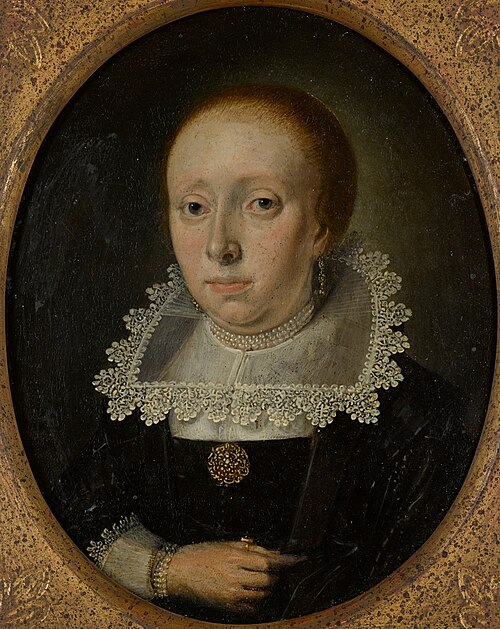 Portrait of a lady, half-length, wearing black with white lace collar and cuffs, 1628, Wolfgang Heimbach