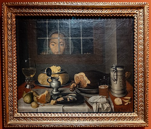 Still Life at Meal Time with kitchen maid behind the window, 1670, Wolfgang Heimbach
