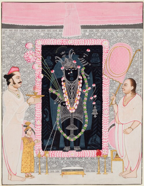 Head Priest Govardhan Lalji (1862–1934) Offers a Lamp to Shri Nathji in Celebration of the Spring Fe, 1890, Ghasiram Sharma