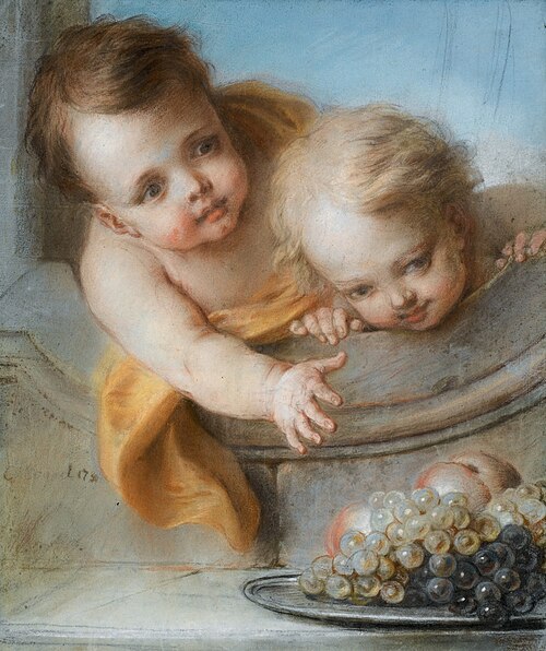 Allegory of autumns, Two children holding a tray with peaches and grapes, 1750, Charles Antoine Coypel