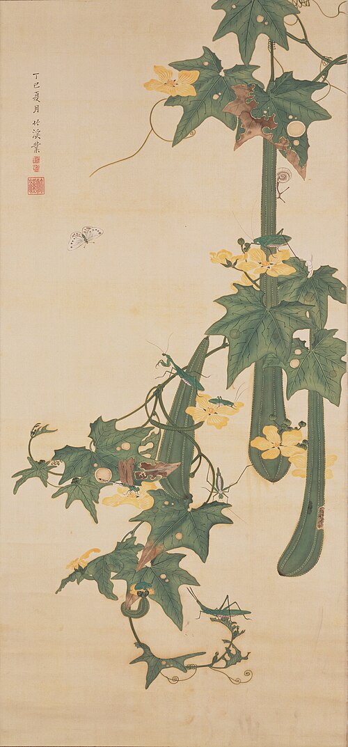 Mantis and Butterfly on Sponge Gourd, 1857, Nakabayashi Chikkei