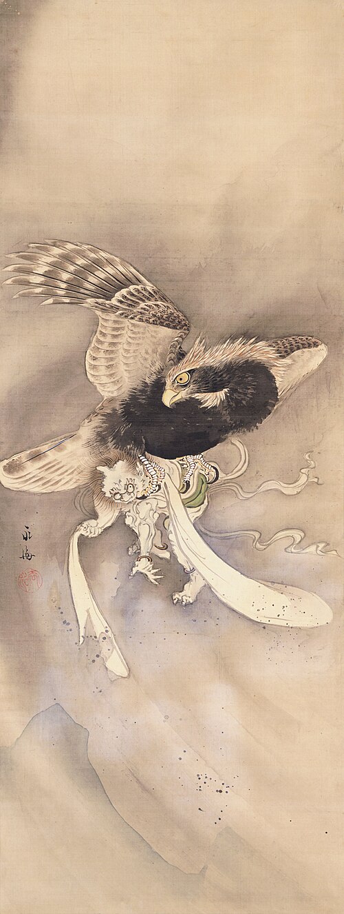 God of Wind caught by a hawk [left of the pair Gods of Wind and Thunder], , Satake Eikai